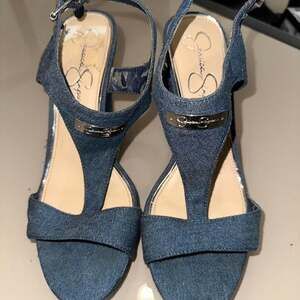 Jessica Simpson Vintage Blue Denim T-Strap Wedge Heels - Y2K Style